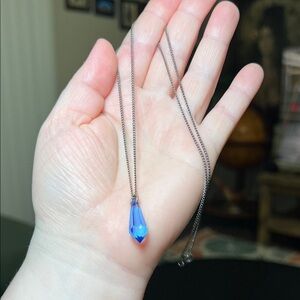 Vintage Art Deco Style Witchy Blue Acrylic Prism Silver Chain Necklace